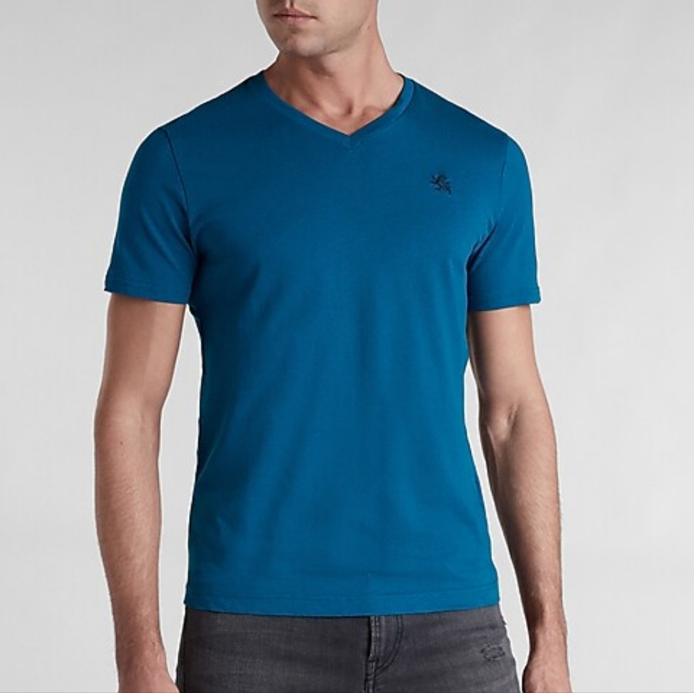 Express Men's Blue Small Lion Logo V-Neck Short Sleeve T-Shirt Size XL GUC